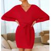 imageZESICA Womens Fall Long Batwing Sleeve Wrap V Neck Knitted Backless Bodycon Pullover Sweater Dress with BeltRed