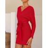 imageZESICA Womens Fall Long Batwing Sleeve Wrap V Neck Knitted Backless Bodycon Pullover Sweater Dress with BeltRed