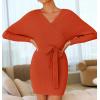 imageZESICA Womens Fall Long Batwing Sleeve Wrap V Neck Knitted Backless Bodycon Pullover Sweater Dress with BeltRustred