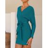 imageZESICA Womens Fall Long Batwing Sleeve Wrap V Neck Knitted Backless Bodycon Pullover Sweater Dress with BeltTeal