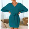 imageZESICA Womens Fall Long Batwing Sleeve Wrap V Neck Knitted Backless Bodycon Pullover Sweater Dress with BeltTeal