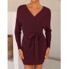 imageZESICA Womens Fall Long Batwing Sleeve Wrap V Neck Knitted Backless Bodycon Pullover Sweater Dress with BeltWine