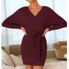 imageZESICA Womens Fall Long Batwing Sleeve Wrap V Neck Knitted Backless Bodycon Pullover Sweater Dress with BeltWine