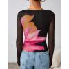 imageZESICA Womens Floral Mesh Going Out Tops Fall Long Sleeve Crewneck Slim Fit Ruched Y2k Shirts Beach Vacation OutfitsBlack