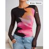 imageZESICA Womens Floral Mesh Going Out Tops Fall Long Sleeve Crewneck Slim Fit Ruched Y2k Shirts Beach Vacation OutfitsBlack