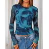 imageZESICA Womens Floral Mesh Going Out Tops Fall Long Sleeve Crewneck Slim Fit Ruched Y2k Shirts Beach Vacation OutfitsBlue