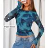imageZESICA Womens Floral Mesh Going Out Tops Fall Long Sleeve Crewneck Slim Fit Ruched Y2k Shirts Beach Vacation OutfitsBlue