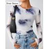 imageZESICA Womens Floral Mesh Going Out Tops Fall Long Sleeve Crewneck Slim Fit Ruched Y2k Shirts Beach Vacation OutfitsGray Blue