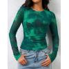 imageZESICA Womens Floral Mesh Going Out Tops Fall Long Sleeve Crewneck Slim Fit Ruched Y2k Shirts Beach Vacation OutfitsGreen