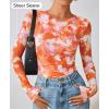 imageZESICA Womens Floral Mesh Going Out Tops Fall Long Sleeve Crewneck Slim Fit Ruched Y2k Shirts Beach Vacation OutfitsOrange