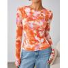 imageZESICA Womens Floral Mesh Going Out Tops Fall Long Sleeve Crewneck Slim Fit Ruched Y2k Shirts Beach Vacation OutfitsOrange