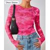 imageZESICA Womens Floral Mesh Going Out Tops Fall Long Sleeve Crewneck Slim Fit Ruched Y2k Shirts Beach Vacation OutfitsPink