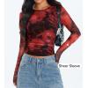 imageZESICA Womens Floral Mesh Going Out Tops Fall Long Sleeve Crewneck Slim Fit Ruched Y2k Shirts Beach Vacation OutfitsRed