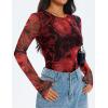 imageZESICA Womens Floral Mesh Going Out Tops Fall Long Sleeve Crewneck Slim Fit Ruched Y2k Shirts Beach Vacation OutfitsRed