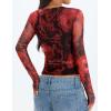 imageZESICA Womens Floral Mesh Going Out Tops Fall Long Sleeve Crewneck Slim Fit Ruched Y2k Shirts Beach Vacation OutfitsRed