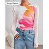 imageZESICA Womens Floral Mesh Going Out Tops Fall Long Sleeve Crewneck Slim Fit Ruched Y2k Shirts Beach Vacation OutfitsWhite