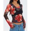 imageZESICA Womens Floral Mesh Long Sleeve Tops 2025 Fall Cowl Neck Slim Fit Going Out Y2k Shirts Trendy Date Night OutfitsBlack