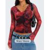 imageZESICA Womens Floral Mesh Long Sleeve Tops 2025 Fall Cowl Neck Slim Fit Going Out Y2k Shirts Trendy Date Night OutfitsRed