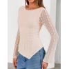 imageZESICA Womens Lace Mesh Long Sleeve Shirts Fall Double Lined Boat Neck Slim Fit Asymmetrical Going Out Tops Date Night OutfitBeige