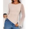 imageZESICA Womens Lace Mesh Long Sleeve Shirts Fall Double Lined Boat Neck Slim Fit Asymmetrical Going Out Tops Date Night OutfitBeige