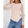 imageZESICA Womens Lace Mesh Long Sleeve Shirts Fall Double Lined Boat Neck Slim Fit Asymmetrical Going Out Tops Date Night OutfitBeige