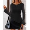 imageZESICA Womens Lace Mesh Long Sleeve Shirts Fall Double Lined Boat Neck Slim Fit Asymmetrical Going Out Tops Date Night OutfitBlack
