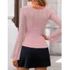imageZESICA Womens Lace Mesh Long Sleeve Shirts Fall Double Lined Boat Neck Slim Fit Asymmetrical Going Out Tops Date Night OutfitPink