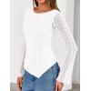 imageZESICA Womens Lace Mesh Long Sleeve Shirts Fall Double Lined Boat Neck Slim Fit Asymmetrical Going Out Tops Date Night OutfitWhite