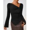 imageZESICA Womens Long Bell Sleeve Shirts 2025 Fall Going Out Asymmetrical Crop Tops Slim Fit Ribbed Ruched Y2K ClothesBlack