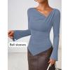 imageZESICA Womens Long Bell Sleeve Shirts 2025 Fall Going Out Asymmetrical Crop Tops Slim Fit Ribbed Ruched Y2K ClothesBlue