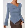 imageZESICA Womens Long Bell Sleeve Shirts 2025 Fall Going Out Asymmetrical Crop Tops Slim Fit Ribbed Ruched Y2K ClothesBlue