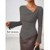 imageZESICA Womens Long Bell Sleeve Shirts 2025 Fall Going Out Asymmetrical Crop Tops Slim Fit Ribbed Ruched Y2K ClothesGrey