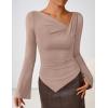 imageZESICA Womens Long Bell Sleeve Shirts 2025 Fall Going Out Asymmetrical Crop Tops Slim Fit Ribbed Ruched Y2K ClothesLightkhaki