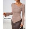 imageZESICA Womens Long Bell Sleeve Shirts 2025 Fall Going Out Asymmetrical Crop Tops Slim Fit Ribbed Ruched Y2K ClothesLightkhaki