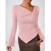 imageZESICA Womens Long Bell Sleeve Shirts 2025 Fall Going Out Asymmetrical Crop Tops Slim Fit Ribbed Ruched Y2K ClothesPink