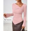 imageZESICA Womens Long Bell Sleeve Shirts 2025 Fall Going Out Asymmetrical Crop Tops Slim Fit Ribbed Ruched Y2K ClothesPink