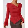 imageZESICA Womens Long Bell Sleeve Shirts 2025 Fall Going Out Asymmetrical Crop Tops Slim Fit Ribbed Ruched Y2K ClothesRed
