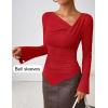 imageZESICA Womens Long Bell Sleeve Shirts 2025 Fall Going Out Asymmetrical Crop Tops Slim Fit Ribbed Ruched Y2K ClothesRed