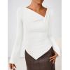 imageZESICA Womens Long Bell Sleeve Shirts 2025 Fall Going Out Asymmetrical Crop Tops Slim Fit Ribbed Ruched Y2K ClothesWhite