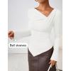 imageZESICA Womens Long Bell Sleeve Shirts 2025 Fall Going Out Asymmetrical Crop Tops Slim Fit Ribbed Ruched Y2K ClothesWhite