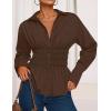 imageZESICA Womens Long Sleeve Button Down Cotton Shirts 2025 Fall Business Casual Collared Blouse Pleated Peplum Work TopsBrown