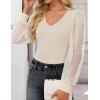 imageZESICA Womens Tops V Neck Ribbed Knit Polka Dot Mesh Long Sleeve Shirts Fall Fashion Business Casual Outfits Dressy BlousesApricot