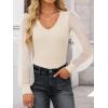 imageZESICA Womens Tops V Neck Ribbed Knit Polka Dot Mesh Long Sleeve Shirts Fall Fashion Business Casual Outfits Dressy BlousesApricot