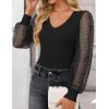 imageZESICA Womens Tops V Neck Ribbed Knit Polka Dot Mesh Long Sleeve Shirts Fall Fashion Business Casual Outfits Dressy BlousesBlack