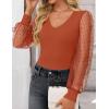 imageZESICA Womens Tops V Neck Ribbed Knit Polka Dot Mesh Long Sleeve Shirts Fall Fashion Business Casual Outfits Dressy BlousesCaramel
