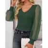 imageZESICA Womens Tops V Neck Ribbed Knit Polka Dot Mesh Long Sleeve Shirts Fall Fashion Business Casual Outfits Dressy BlousesDark Green