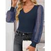 imageZESICA Womens Tops V Neck Ribbed Knit Polka Dot Mesh Long Sleeve Shirts Fall Fashion Business Casual Outfits Dressy BlousesNavy Blue