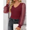 imageZESICA Womens Tops V Neck Ribbed Knit Polka Dot Mesh Long Sleeve Shirts Fall Fashion Business Casual Outfits Dressy BlousesWine Red