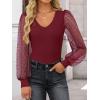 imageZESICA Womens Tops V Neck Ribbed Knit Polka Dot Mesh Long Sleeve Shirts Fall Fashion Business Casual Outfits Dressy BlousesWine Red