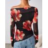 imageZESICA Womens Trendy Off Shoulder Floral Mesh Tops Slim Fit Sexy Long Sleeve Shirts Asymmetrical Ruched BlousesBlack